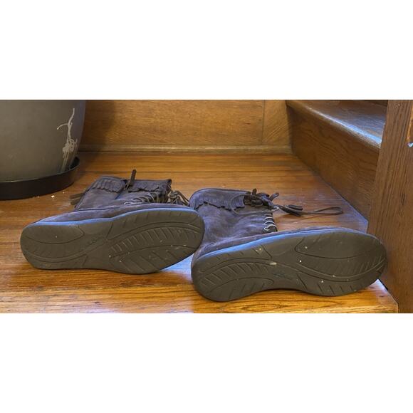 L.L. Bean Boots 10M Brown Suede Side Zip Lace Up Front Fringe Trim Moccasin Tall - Picture 9 of 9